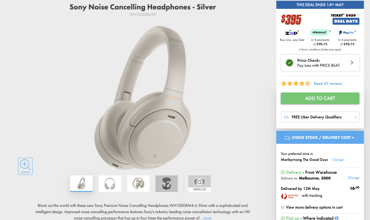 The Good Guys: Sony Noise Cancelling Headphones – Silver (WH1000XM4S) – $390 with Price Beat